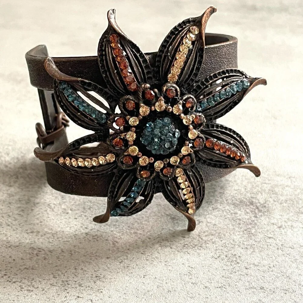 Seasonal Whispers RARE Multi-Color Crystal Pave Flower Cast Metal Cuff Bracelet